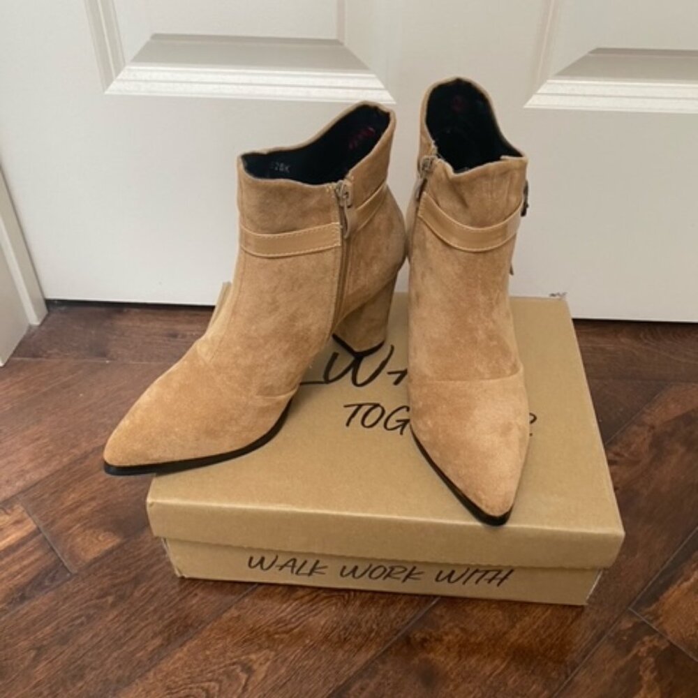 New Women’s trendy Pointy Toe Tan Block Heel Fall Winter Autumn Ankle Boots